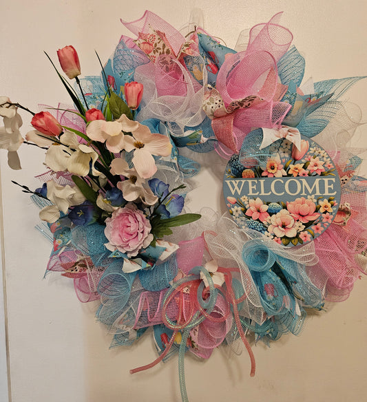 Pink and blue welcome wreath