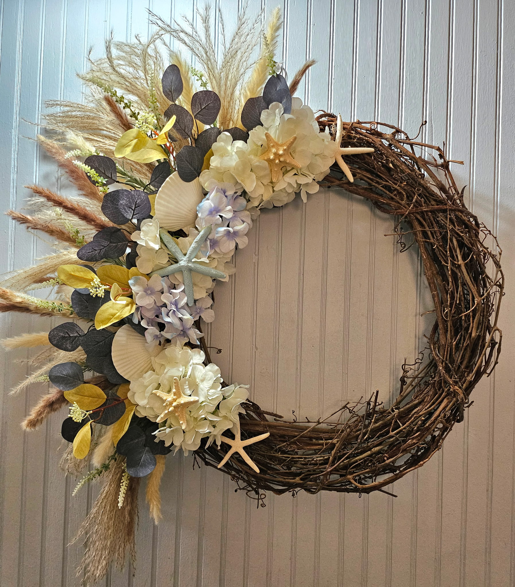 Coastal Hydrangea & Pampas Grass Grapevine Wreath with Seashells and Starfish