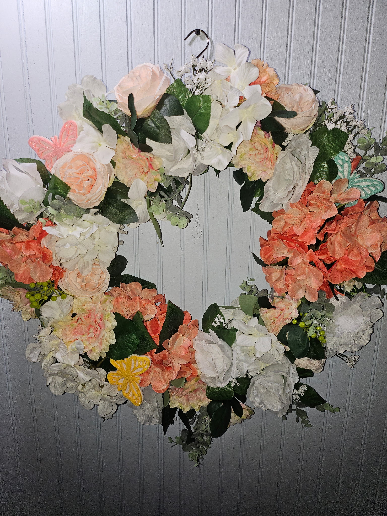 Peach Ivory Floral Wreath with Butterflies